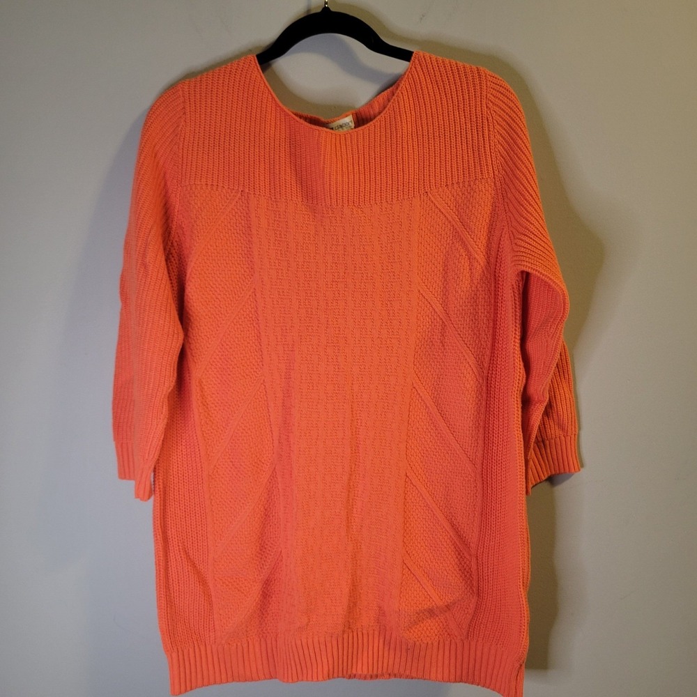 Liz Claiborne Womens Large Orange Knit Sweater 3/4 Sleeve Diamond Pattern Tunic